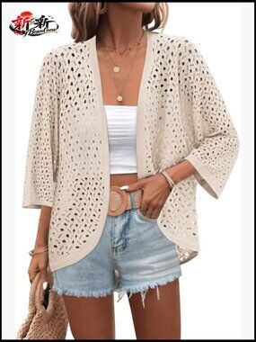 Women's Crochet Cardigan Lightweight Open Front 3/4 Sleeve Batwing Kimono Boho